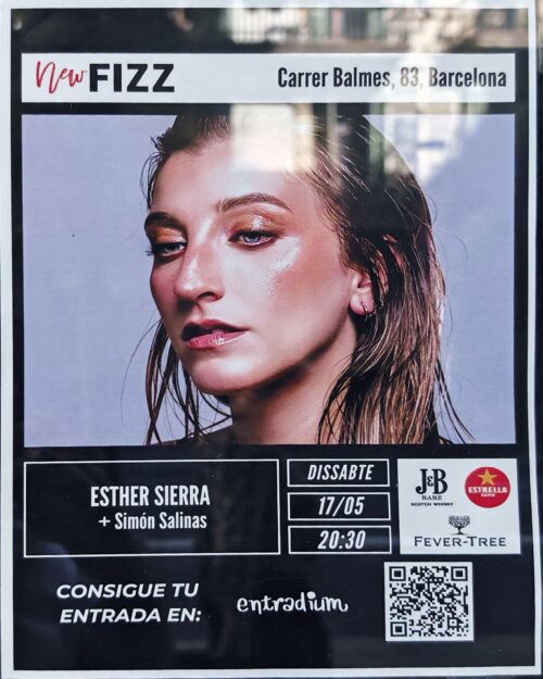 Cartel del concierto de Esther Sierra con Simón Salinas en New Fizz, Barcelona, el sábado 17 de mayo a las 20:30 horas. Entrada disponible en Entradium.